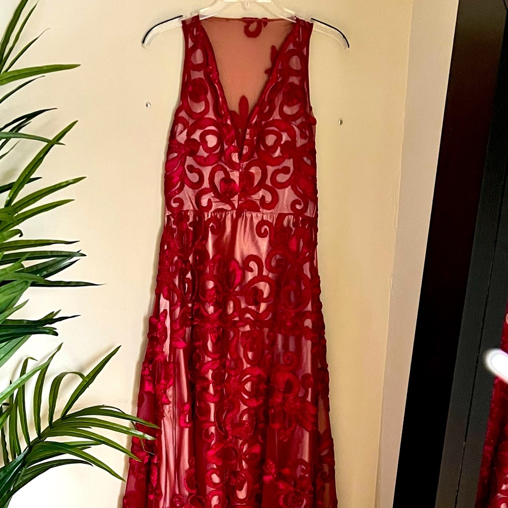 Beautiful ruby party/prom dress with shorter front and small train in the back.